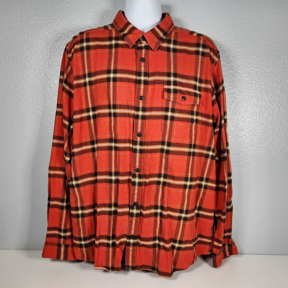 Patagonia Fjord Flannel Shirt Mens XXL Orange Plaid Button Up 54020 Hiking